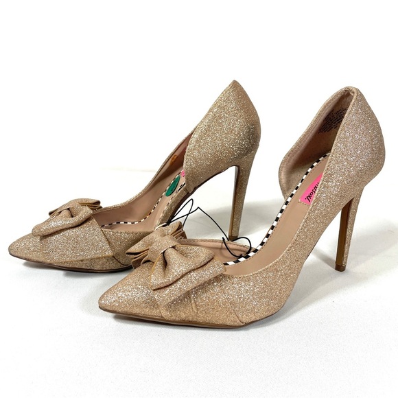 Betsey Johnson Gold Glitter Heels with Bow - Picture 2 of 12